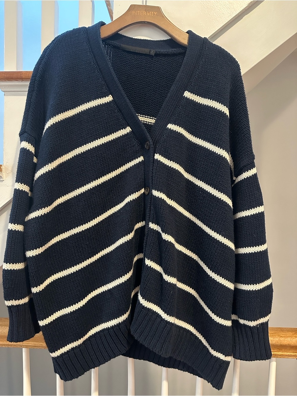 Jenni Kayne Striped Navy and White Cotton Cardigan Sweater - Picture 2 of 4